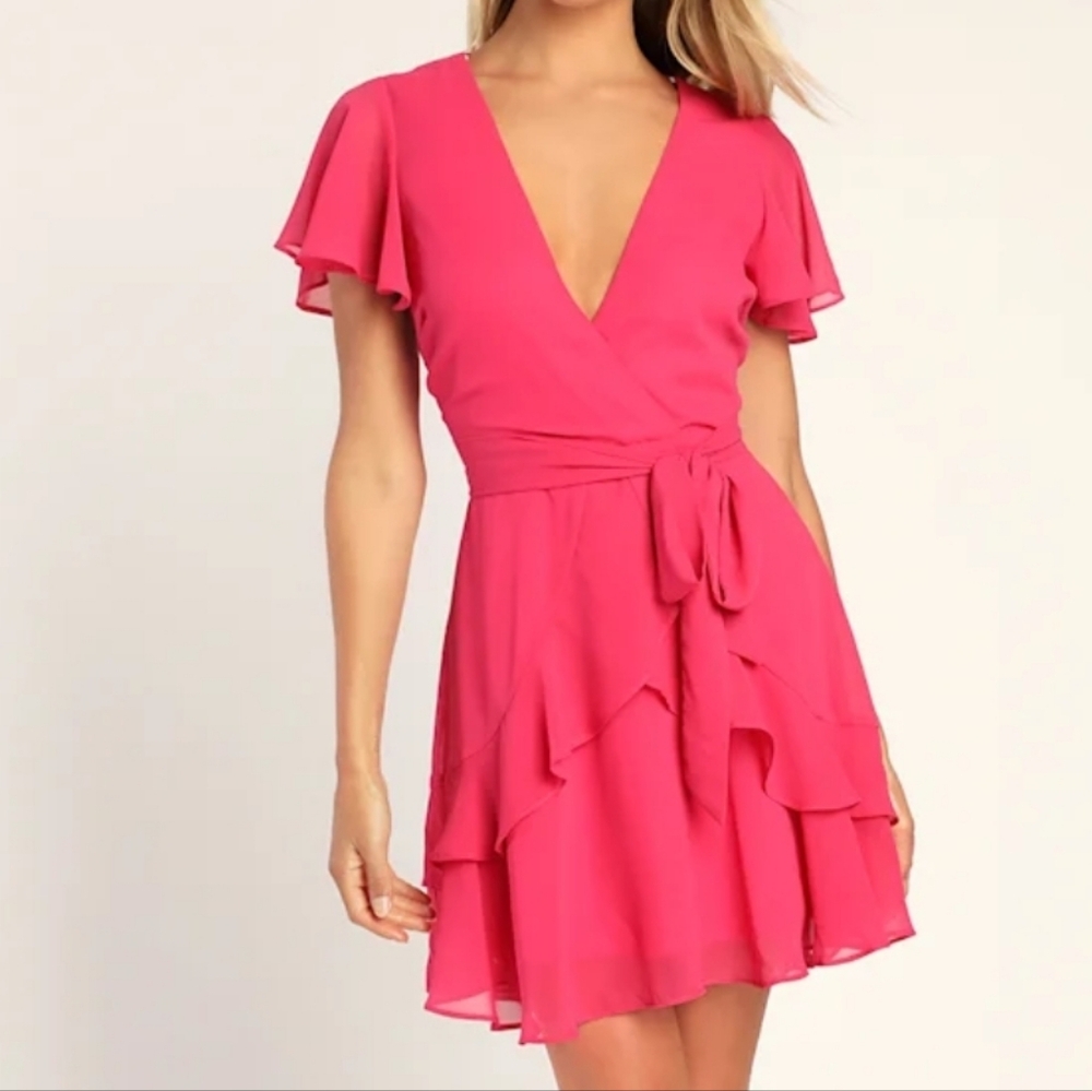 Women’s Pink V-Neck Wrap Ruffle Dress